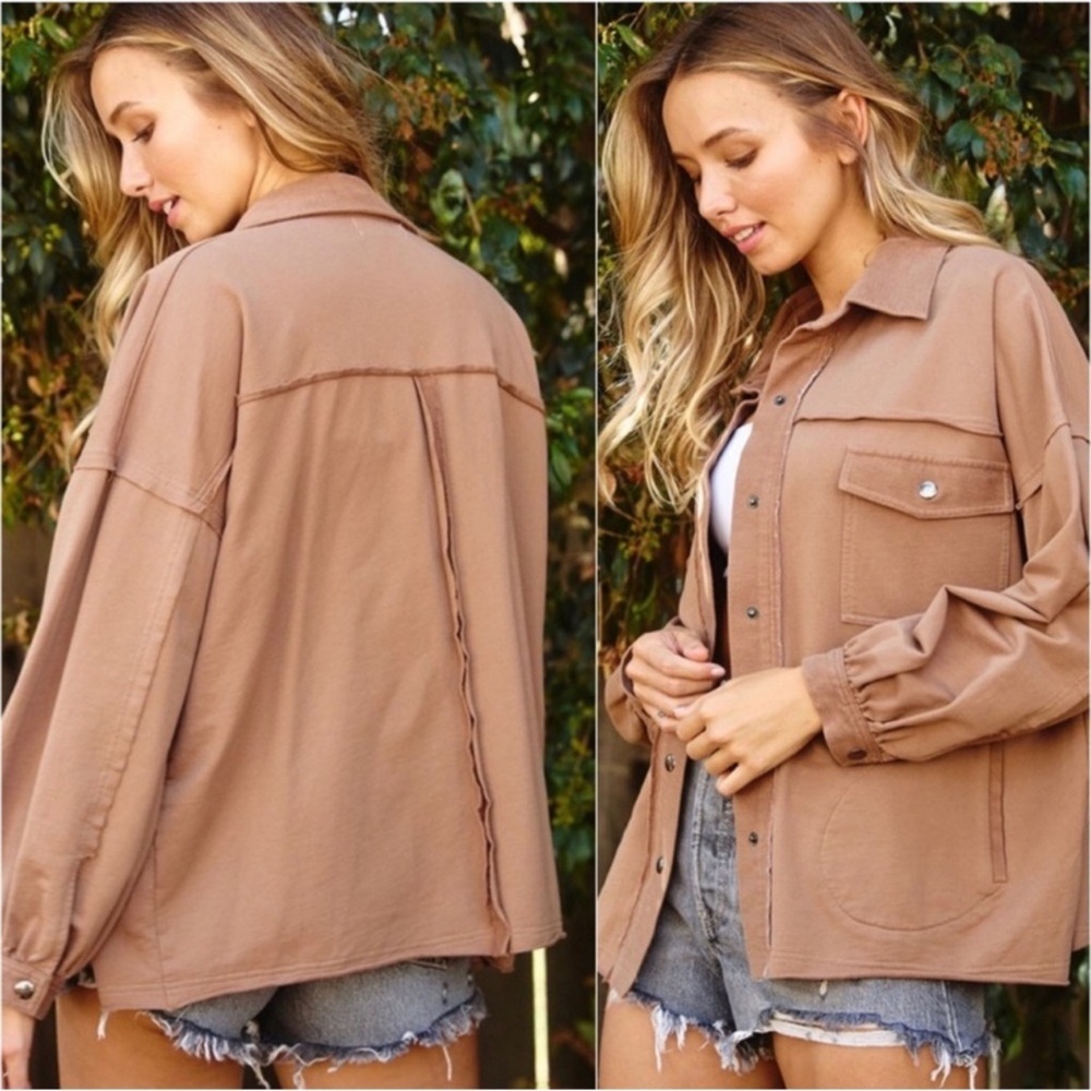 (13)New French Terry Women's Fall Comfortable Shacket Snap Button Jacket Top - Picture 2 of 4